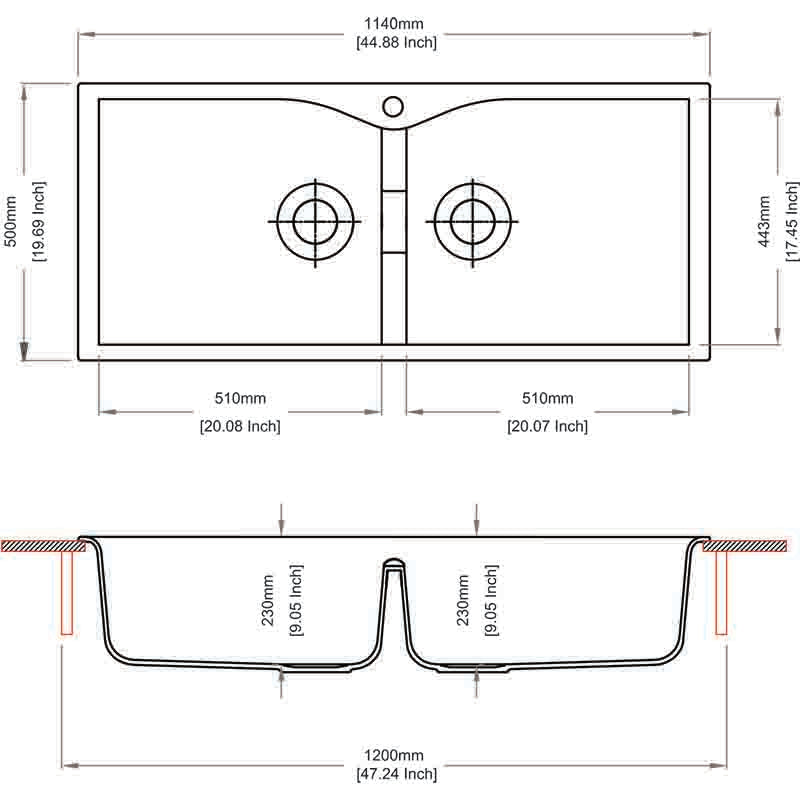 1140x500x230Mm White Quartz Granite Double Bowls Sink For Top/under Mount