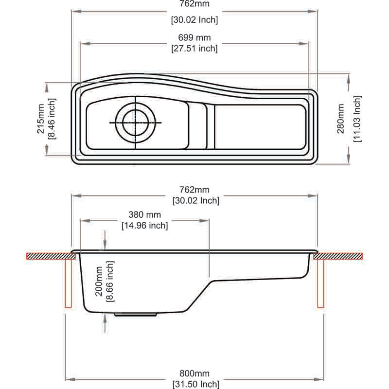 762x280x200Mm White Quartz Granite Single Bowl Sink With Drain Board For Top/under Mount