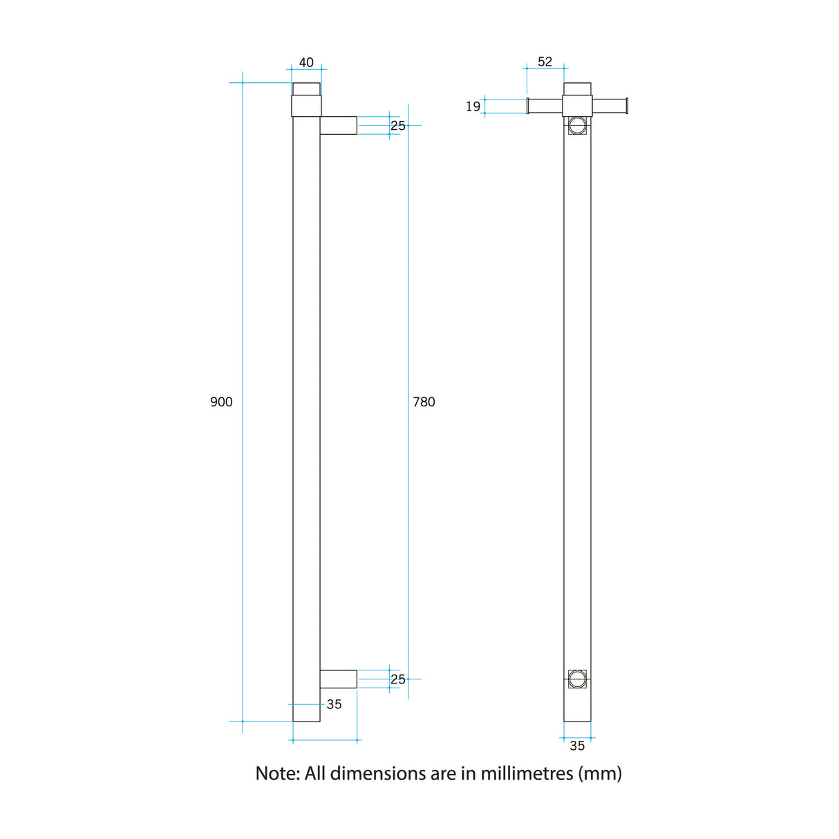 Thermogroup 900Mm Matt Black Square Vertical Single Bar Heated Towel Rail Rails