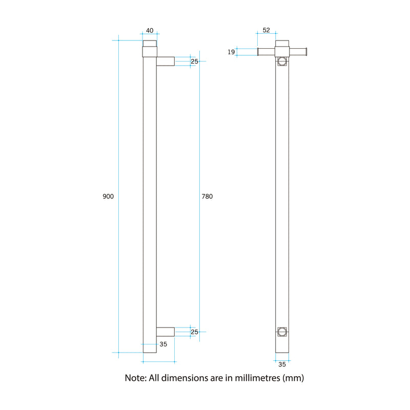 Thermogroup 900Mm Matt Black Square Vertical Single Bar Heated Towel Rail Rails