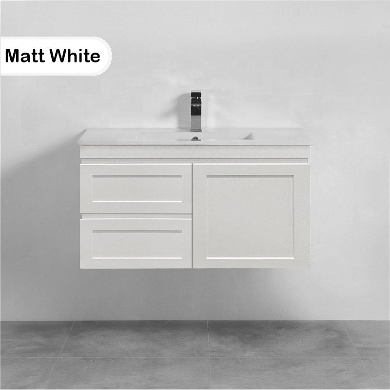 600-1500Mm Miami Wall Hung Bathroom Floating Vanity With Left / Right Drawers Matt White Shaker