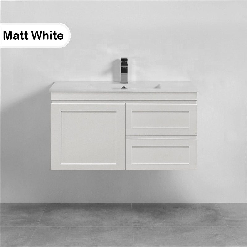 600-1500Mm Miami Wall Hung Bathroom Floating Vanity With Left / Right Drawers Matt White Shaker