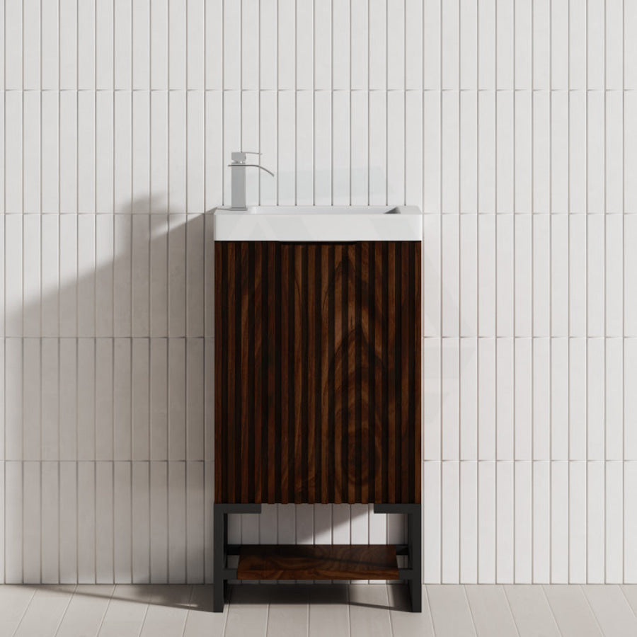 450X250X830Mm Vienna Brown Oak Fluted Freestanding One Door Mini Vanity With Overflow Poly Top