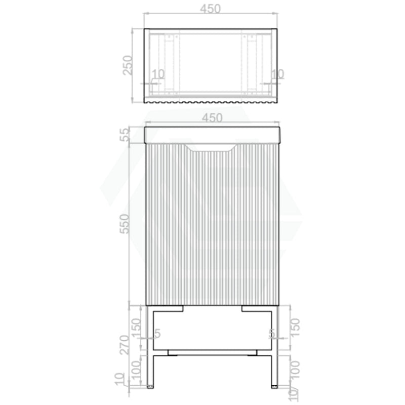 450X250X550Mm Vienna American Oak Fluted Freestanding One Door Mini Vanity With Overflow Poly Top