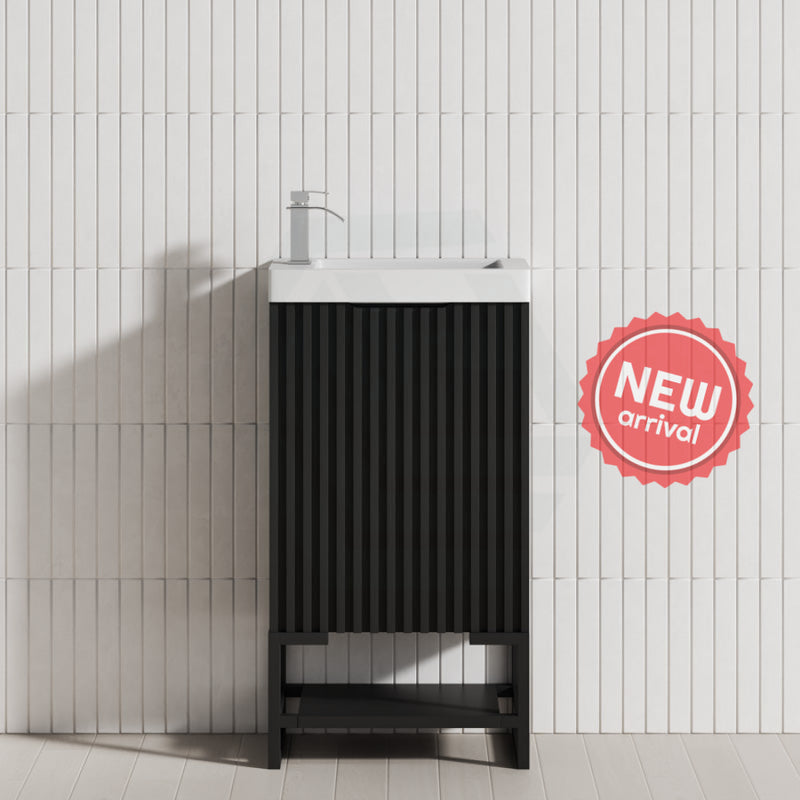 450X250X830Mm Vienna Matt Black Fluted Freestanding One Door Mini Vanity With Overflow Poly Top