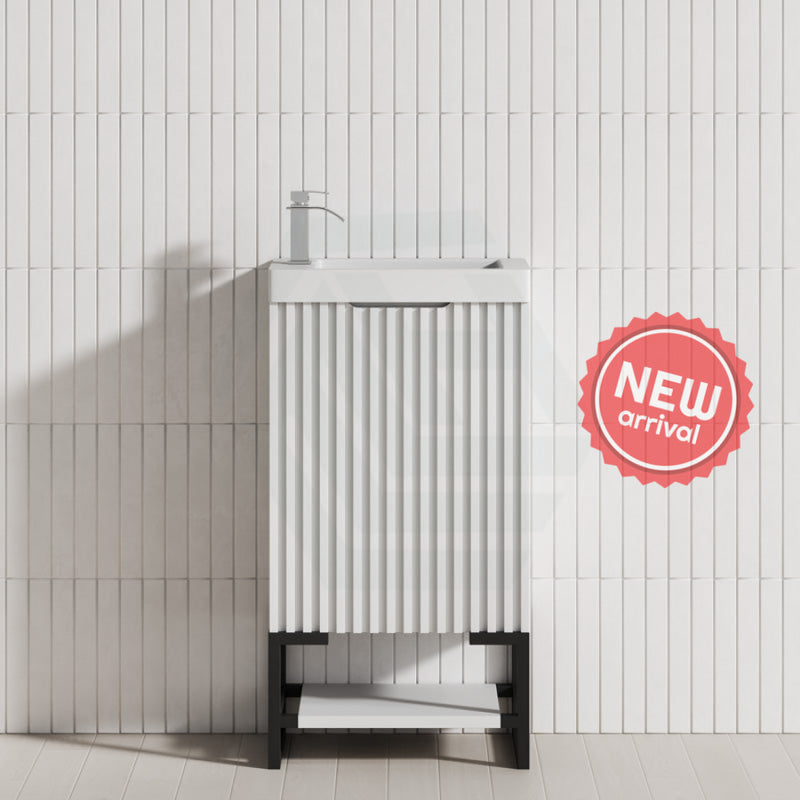 450X250X830Mm Vienna Matt White Fluted Freestanding One Door Mini Vanity With Overflow Poly Top