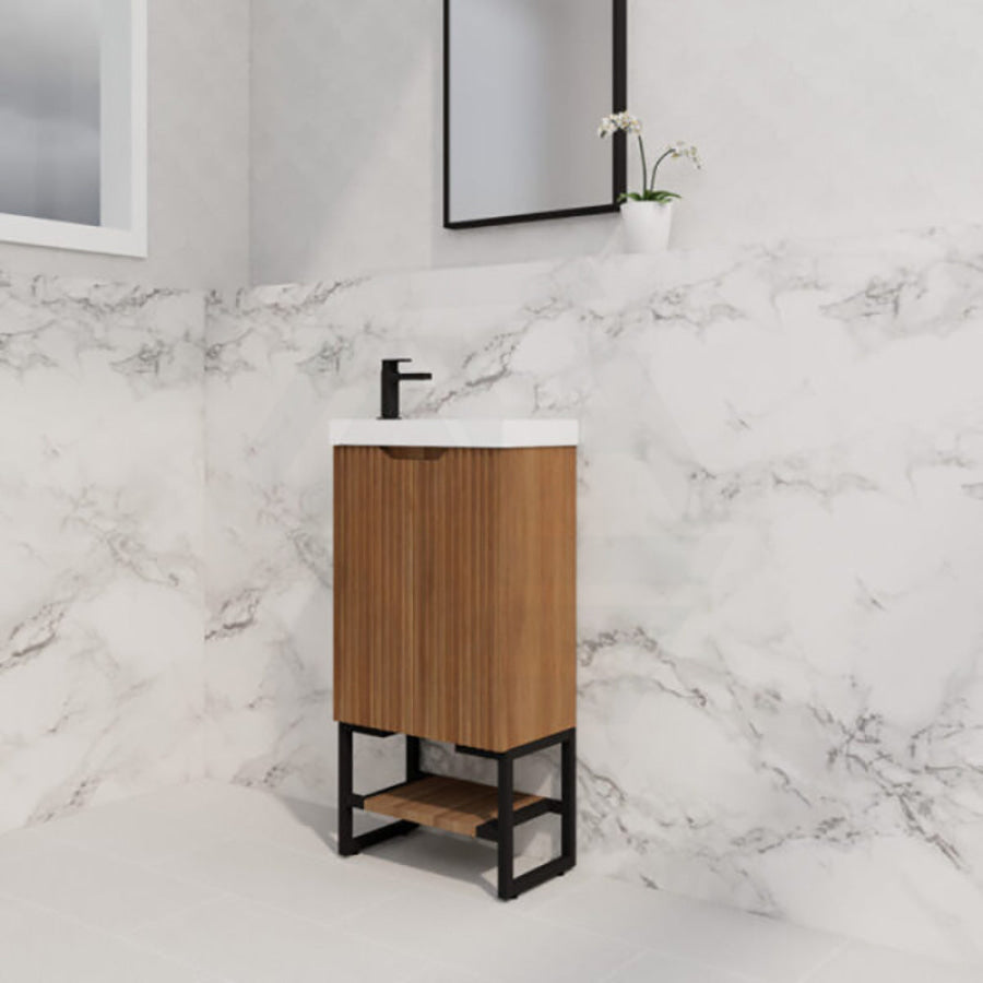 450X250X830Mm Vienna Solid Timber Fluted Freestanding One Door Mini Vanity With Overflow Poly Top