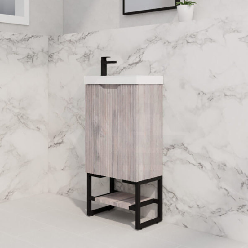 450X250X830Mm Vienna White Oak Fluted Freestanding One Door Mini Vanity With Overflow Poly Top