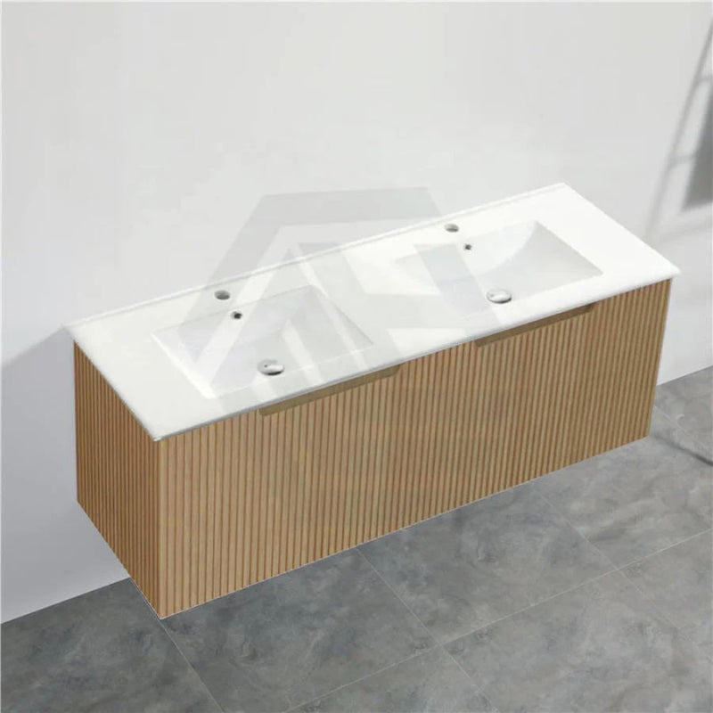 600-1500Mm Wall Hung Vanity Fluted Style American Oak Color Pvc Coating 1500Mm Double Bowls / With