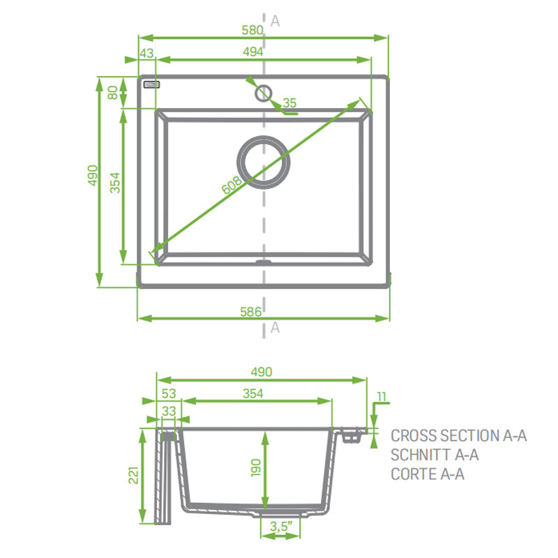 580x490x220mm Laveo Komodo Granite Single Bowl Square Stone Kitchen Sink Variant Colour Available