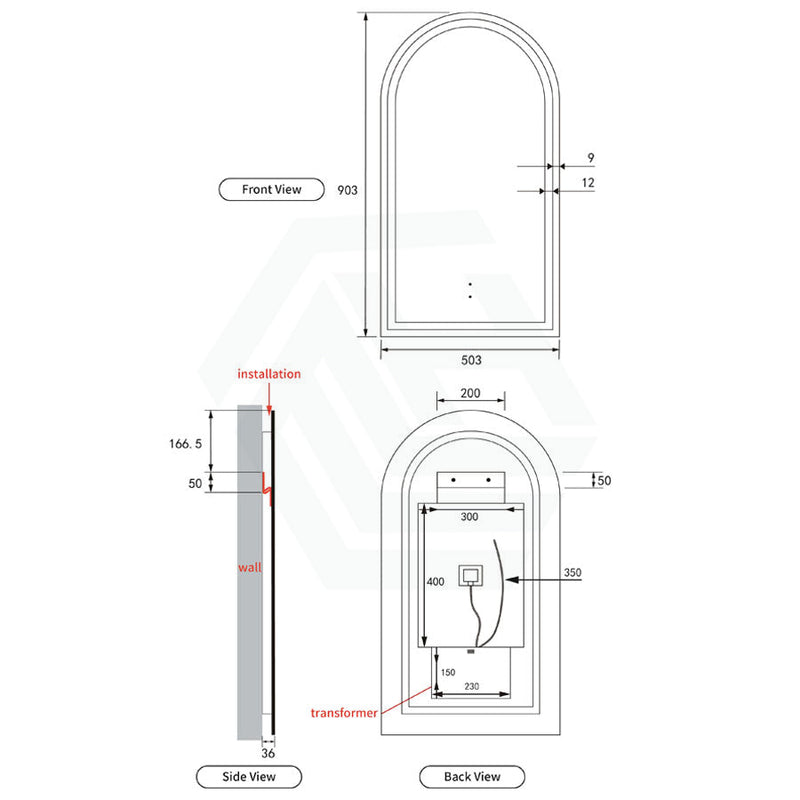 Aulic Canterbury 503X903Mm Matte Black Framed Touchless Arch Backlit Led Mirror Mirrors