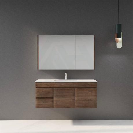 600-1500Mm Berge Dark Oak Wall Hung Vanity Wood Grain Pvc Filmed Cabinet Only & Ceramic/Poly Top