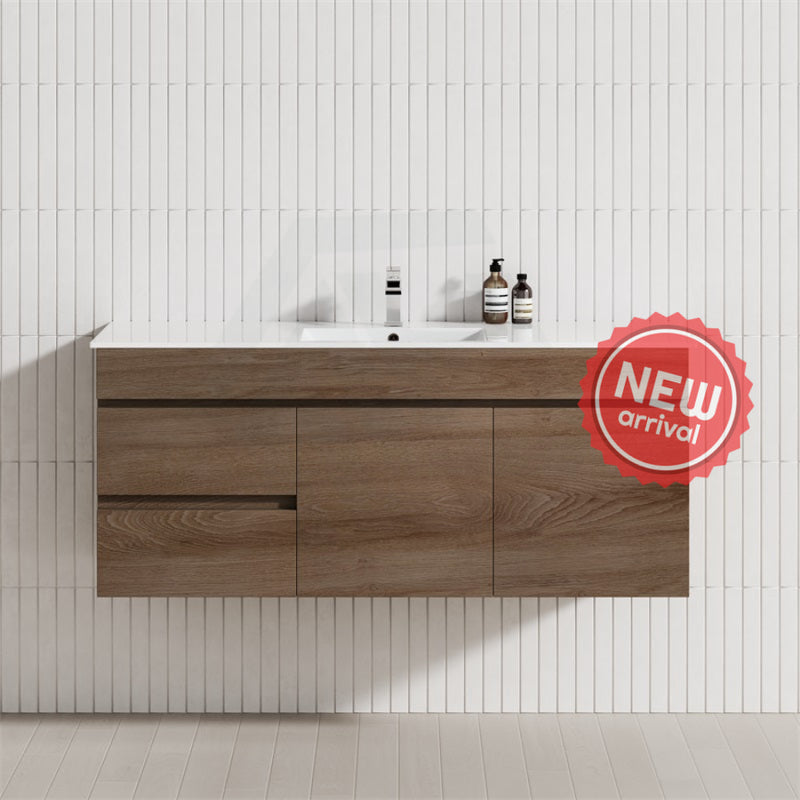 600-1500Mm Berge Dark Oak Wall Hung Vanity Wood Grain Pvc Filmed Cabinet Only & Ceramic/Poly Top