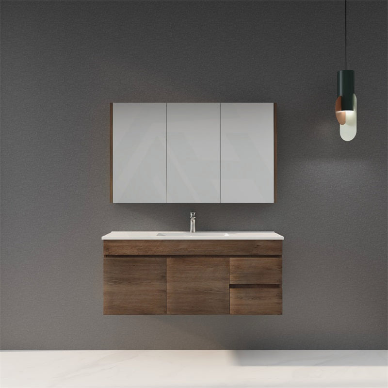 600-1500Mm Berge Dark Oak Wall Hung Vanity Wood Grain Pvc Filmed Cabinet Only & Ceramic/Poly Top