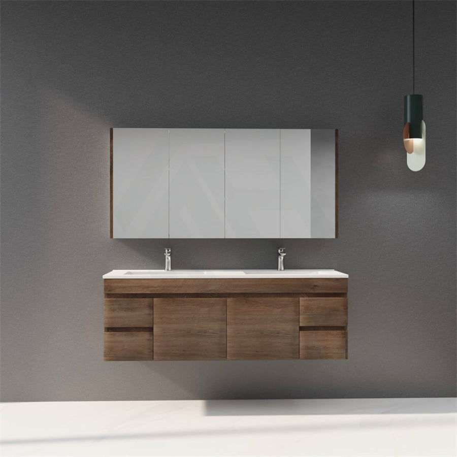 600-1500Mm Berge Dark Oak Wall Hung Vanity Wood Grain Pvc Filmed Cabinet Only & Ceramic/Poly Top