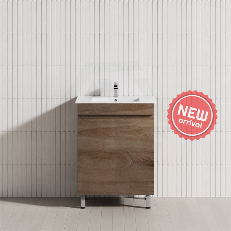 600/700Mm Narrow Berge Freestanding Vanity With Legs Dark Oak Wood Grain Pvc Filmed Cabinet Only &