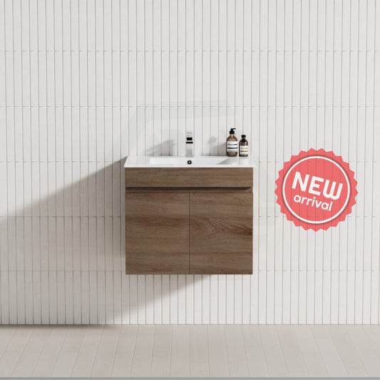 600/750Mm Narrow Berge Wall Hung Bathroom Floating Vanity Dark Oak Wood Grain Pvc Filmed Cabinet