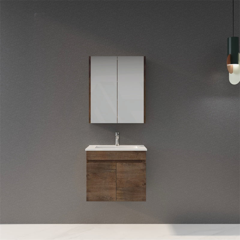 600-1500Mm Berge Dark Oak Wall Hung Vanity Wood Grain Pvc Filmed Cabinet Only & Ceramic/Poly Top