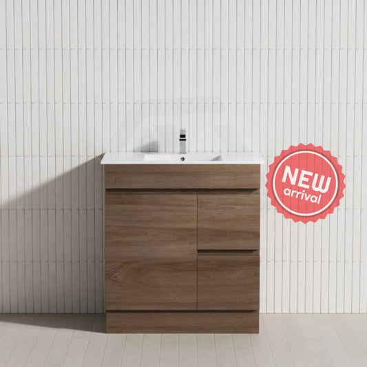 600-1500Mm Berge Freestanding Bathroom Floor Vanity With Kickboard Dark Oak Wood Grain Pvc Filmed