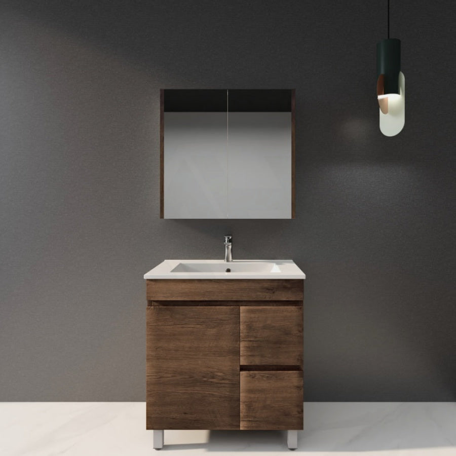 600-1500Mm Berge Freestanding Bathroom Floor Vanity Dark Oak Wood Grain Pvc Filmed Cabinet Only &