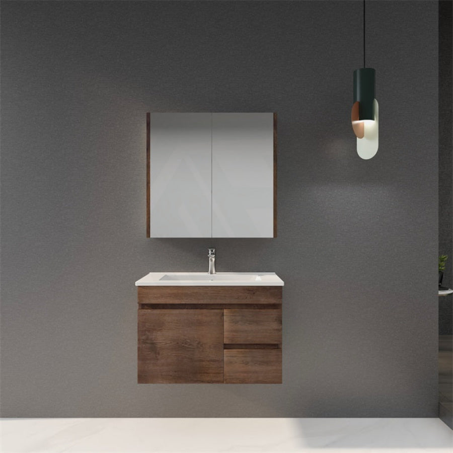 600-1500Mm Berge Dark Oak Wall Hung Vanity Wood Grain Pvc Filmed Cabinet Only & Ceramic/Poly Top