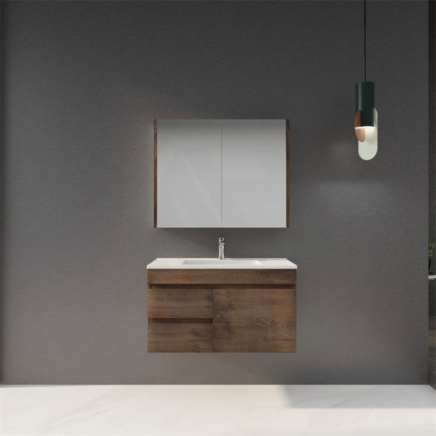 600-1500Mm Berge Dark Oak Wall Hung Vanity Wood Grain Pvc Filmed Cabinet Only & Ceramic/Poly Top