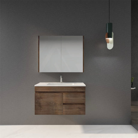 600-1500Mm Berge Dark Oak Wall Hung Vanity Wood Grain Pvc Filmed Cabinet Only & Ceramic/Poly Top