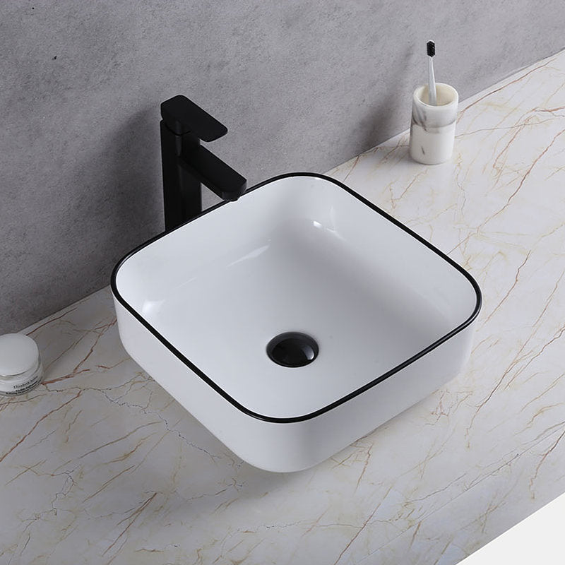 Above Counter Basin Ceramic Square Gloss White Black Rim