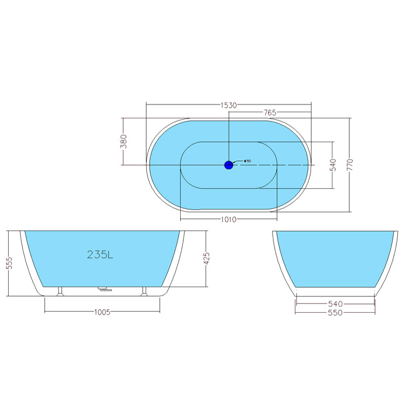 1400/1530/1690mm Noah Oval Freestanding Bathtub Acrylic Matt White NO Overflow