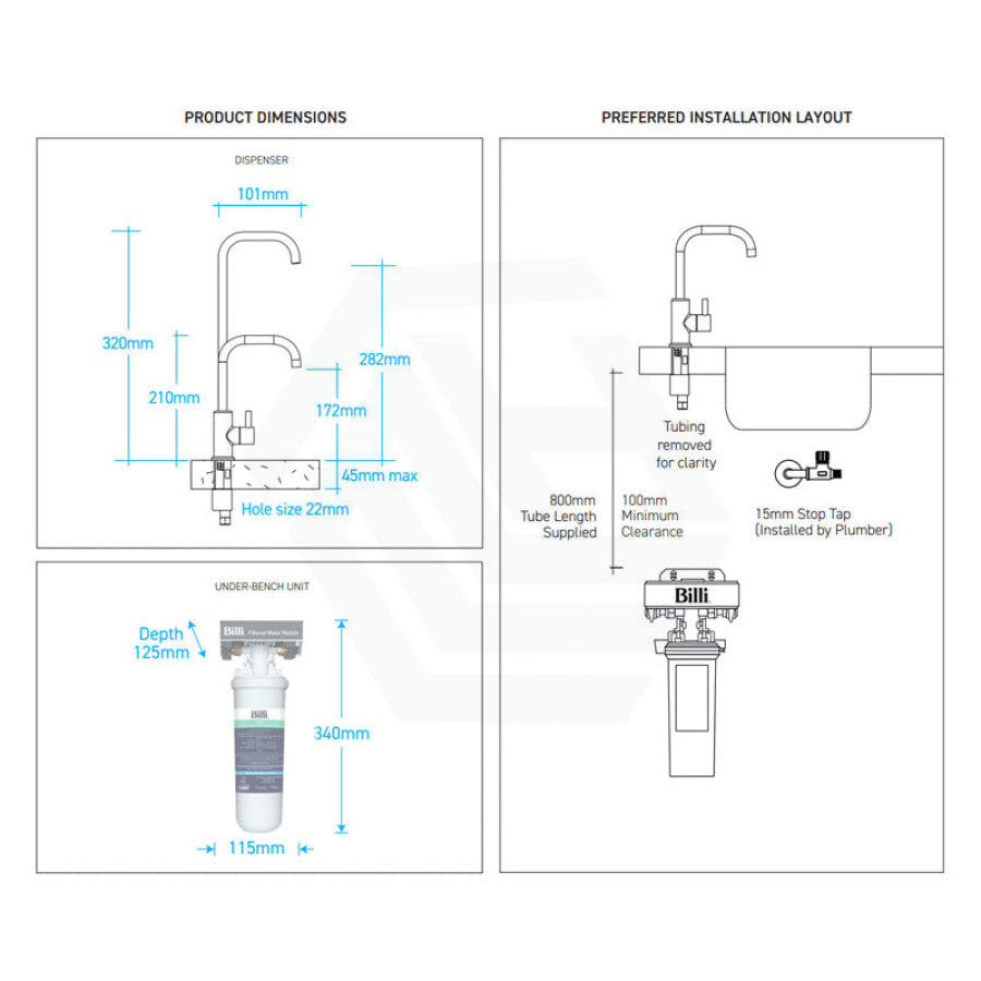 Billi Instant Filtered Water On Tap B1000 With Square Slimline Dispenser Chrome Filter Taps