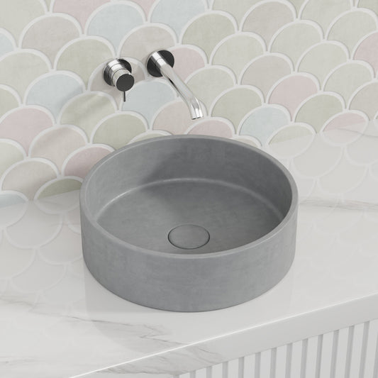 390x390x120mm Round Above Counter Concrete Basin Grey Mist Pop Up Waste Included