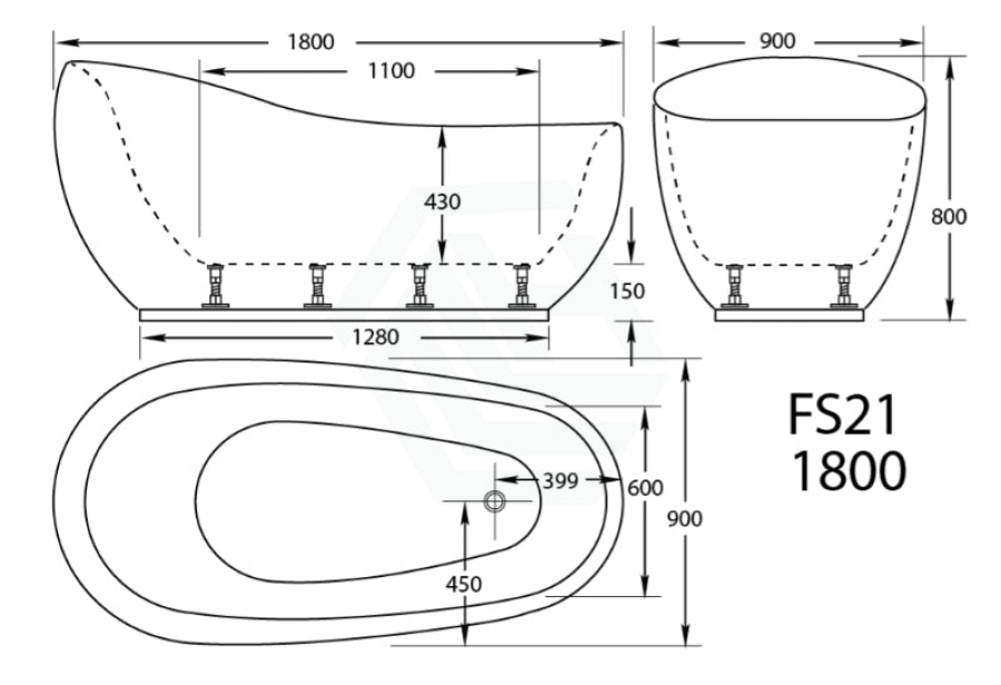 Broadway Fs21 1800X900X800Mm Oval Acrylic Freestanding Spa Bathtub Baths