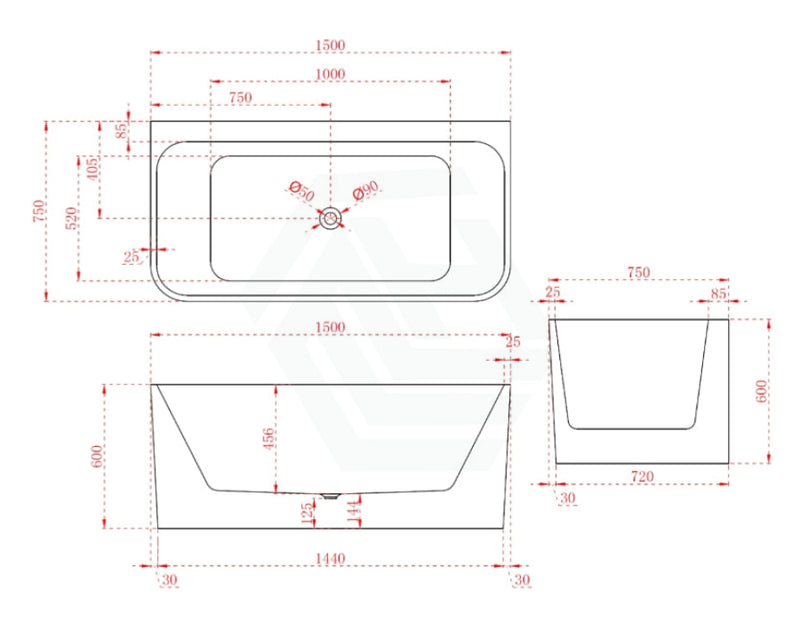 Broadway Fs38 Spa Bath 1500X750X600Mm Back To Wall Tub Slim Edge Baths