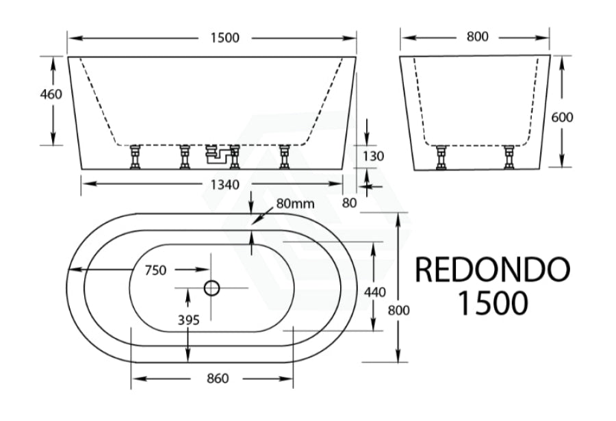 Broadway Redondo 1500/1700X800X600Mm Oval Acrylic Freestanding Spa Bathtub Baths