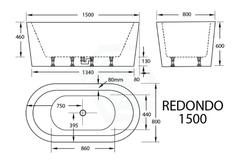 Broadway Redondo 1500/1700X800X600Mm Oval Acrylic Freestanding Spa Bathtub Baths