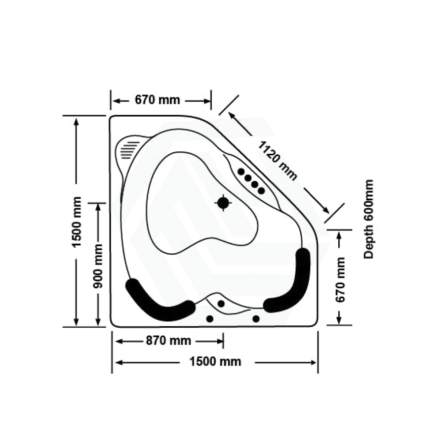 Broadway Sapphira Spa Bathtub 1500X1500X600 Mm Corner Drop-In Tub With Jets Baths