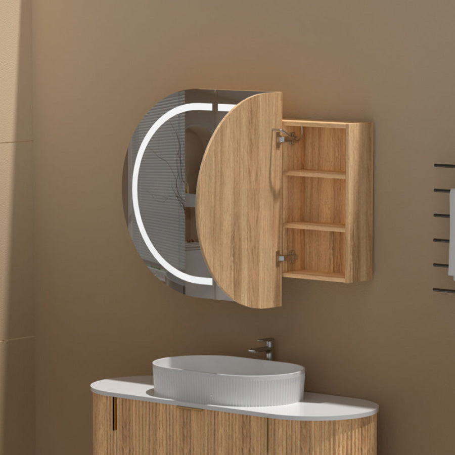 900/1200mm Carysil Plywood Oval Wall Hung Motion Sensor LED Shaving Cabinet Walnut Finish for Bathroom