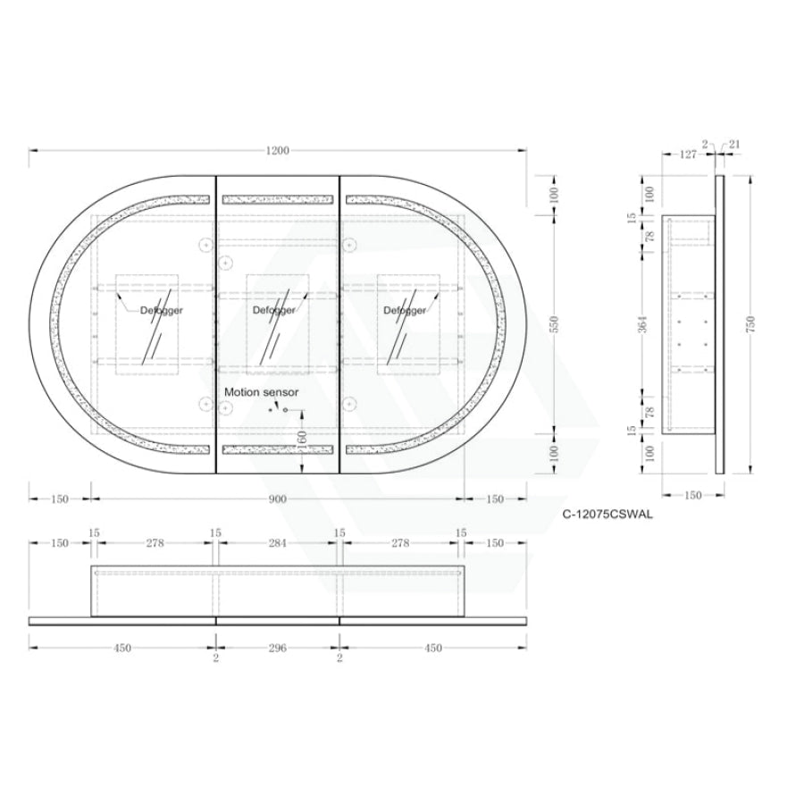 900/1200mm Carysil Plywood Oval Wall Hung Motion Sensor LED Shaving Cabinet Walnut Finish for Bathroom