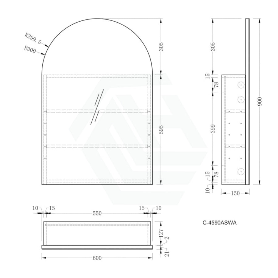 600x900mm Carysil Plywood Wall Hung Arch Shaving Mirror Cabinet Matt White/Walnut Finish for Bathroom