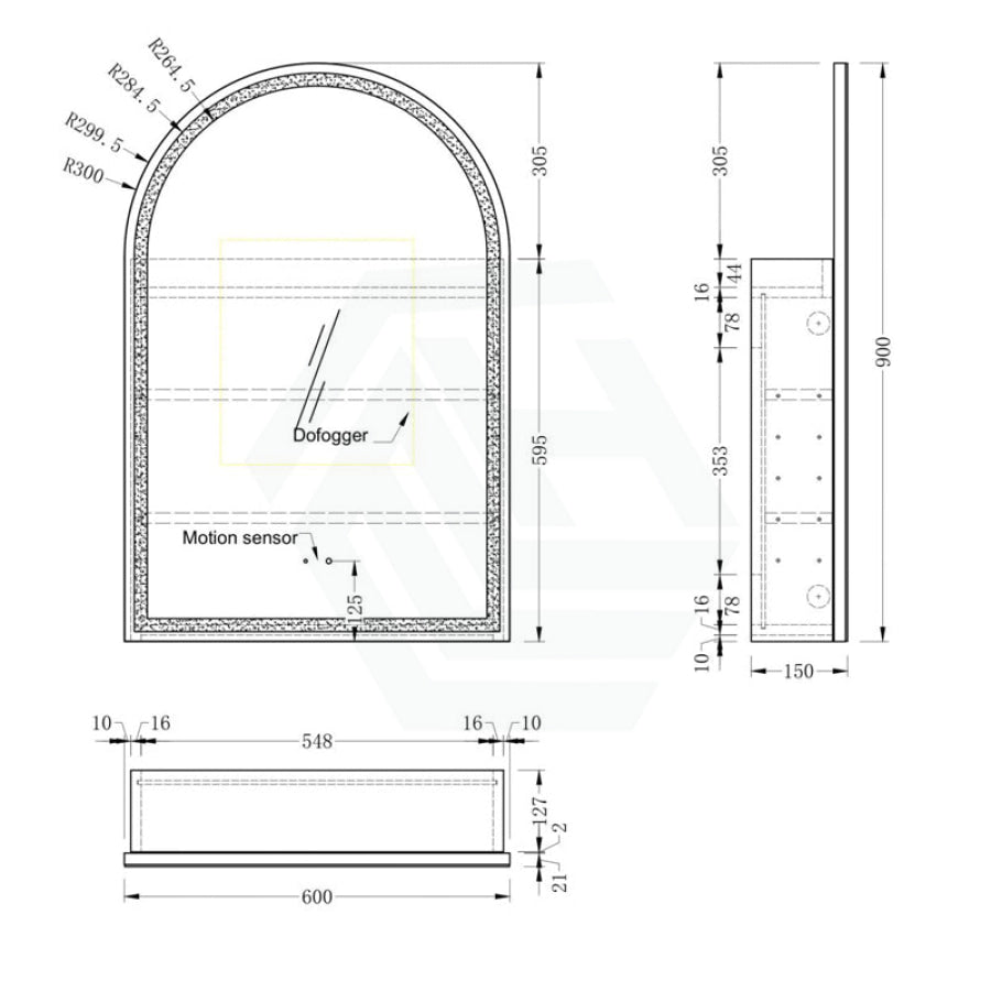 600x900mm Carysil Plywood Wall Hung Arch Motion Sensor LED Shaving Mirror Cabinet Matt White/Walnut Finish for Bathroom