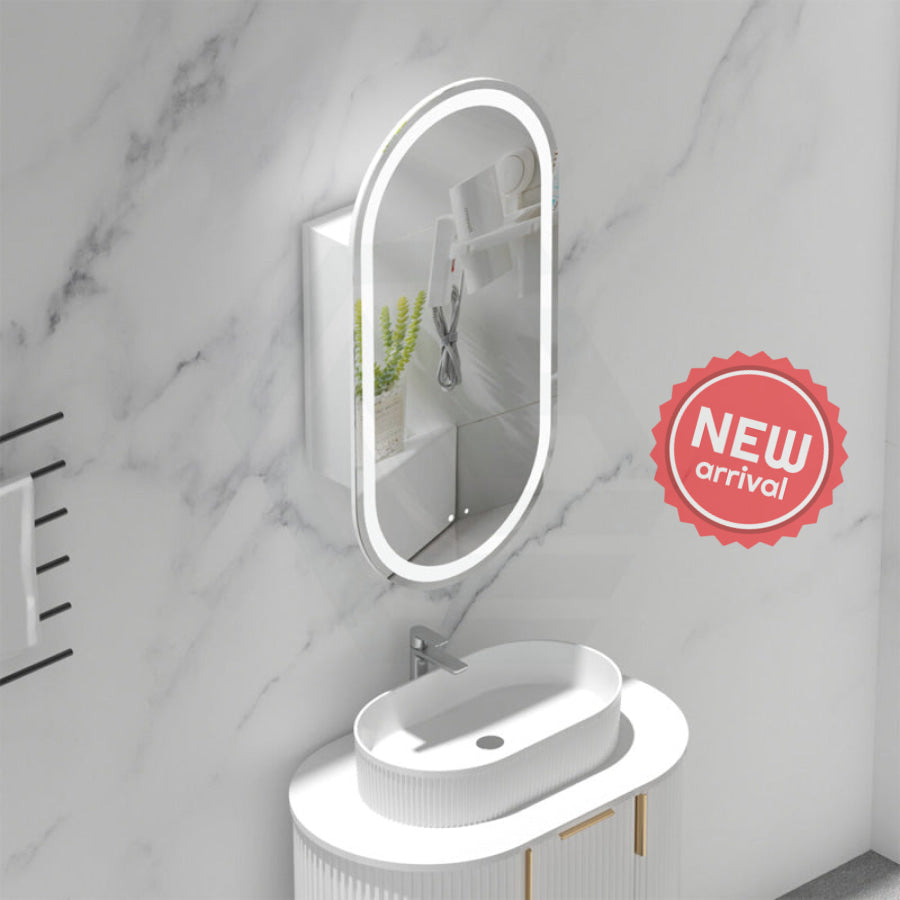 450x900mm Carysil Plywood Wall Hung Oval Motion Sensor LED Shaving Mirror Cabinet Matt White/Walnut for Bathroom