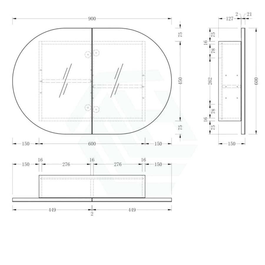 900/1200mm Carysil Plywood Oval Wall Hung Shaving Cabinet Walnut Finish for Bathroom