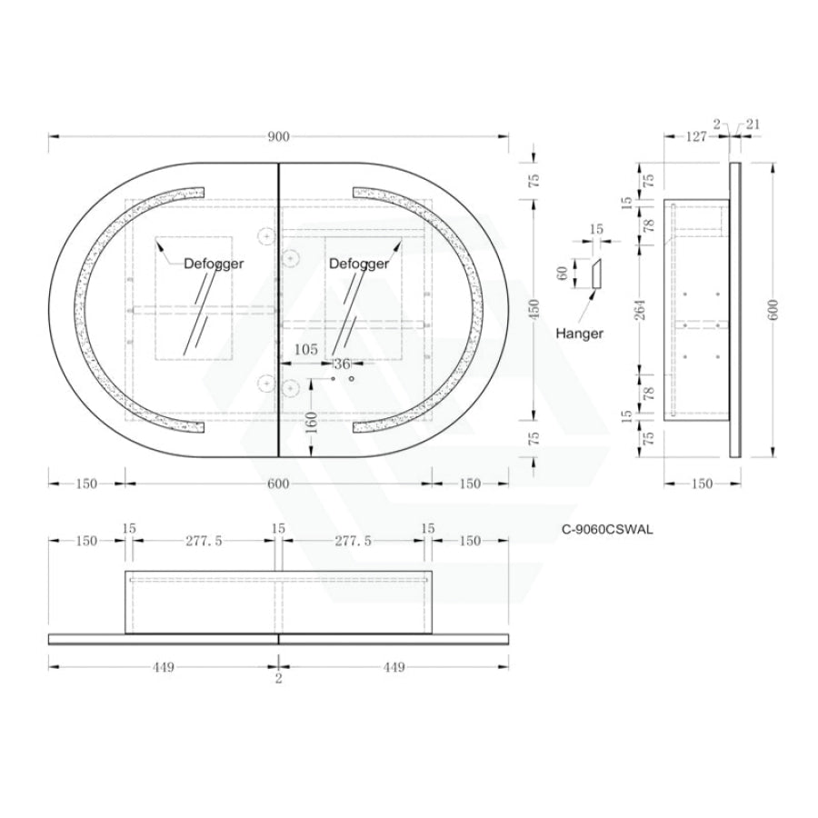 900/1200mm Carysil Plywood Oval Wall Hung Motion Sensor LED Shaving Cabinet Walnut Finish for Bathroom