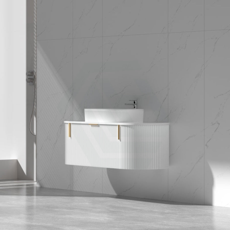 750-1200mm Carysil Matt White Plywood Wall Hung Floating Vanity Fluted with Stone Top Brushed Gold Handle