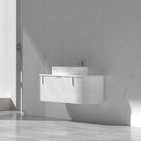 750-1200mm Carysil Matt White Plywood Wall Hung Floating Vanity Fluted with Stone Top Brushed Gold Handle