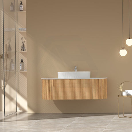 750-1200mm Carysil Walnut Plywood Wall Hung Floating Vanity Fluted with Stone Top Brushed Gold Handle