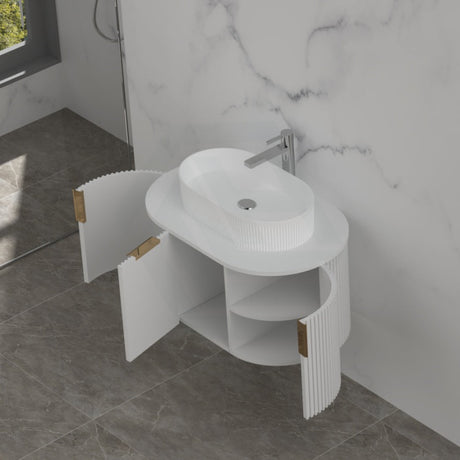 750-1200mm Carysil Matt White Plywood Wall Hung Floating Vanity Fluted with Stone Top Brushed Gold Handle