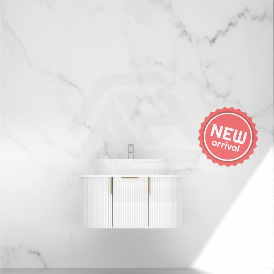 750-1200mm Carysil Matt White Plywood Wall Hung Floating Vanity Fluted with Stone Top Brushed Gold Handle