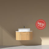 750-1200mm Carysil Walnut Plywood Wall Hung Floating Vanity Fluted with Stone Top Brushed Gold Handle