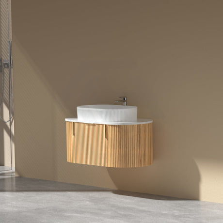 750-1200mm Carysil Walnut Plywood Wall Hung Floating Vanity Fluted with Stone Top Brushed Gold Handle